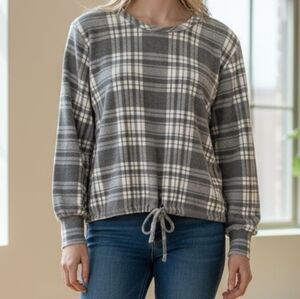 Gray Brushed Plaid Long Sleeve Top